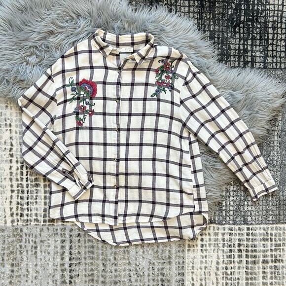 Zara Youth Girls Embroidered Floral On Plaid Button Up size 13/14 Grunge Style - Picture 1 of 3